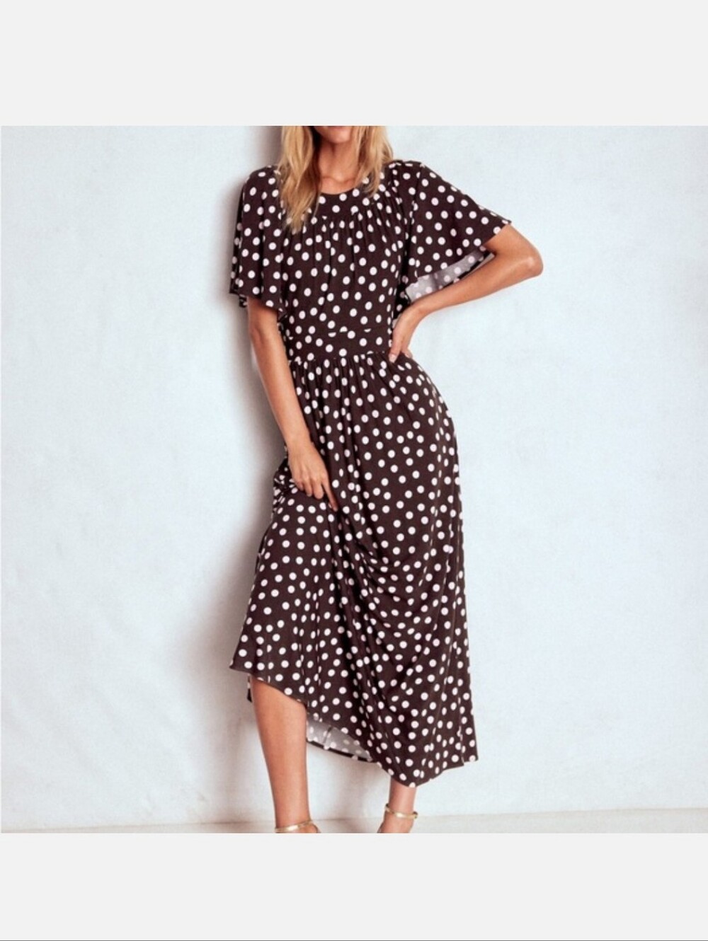 Boden Yoke Panel Maxi Dress Brown Pink Polka Dot Pockets size 4P flowy y2k